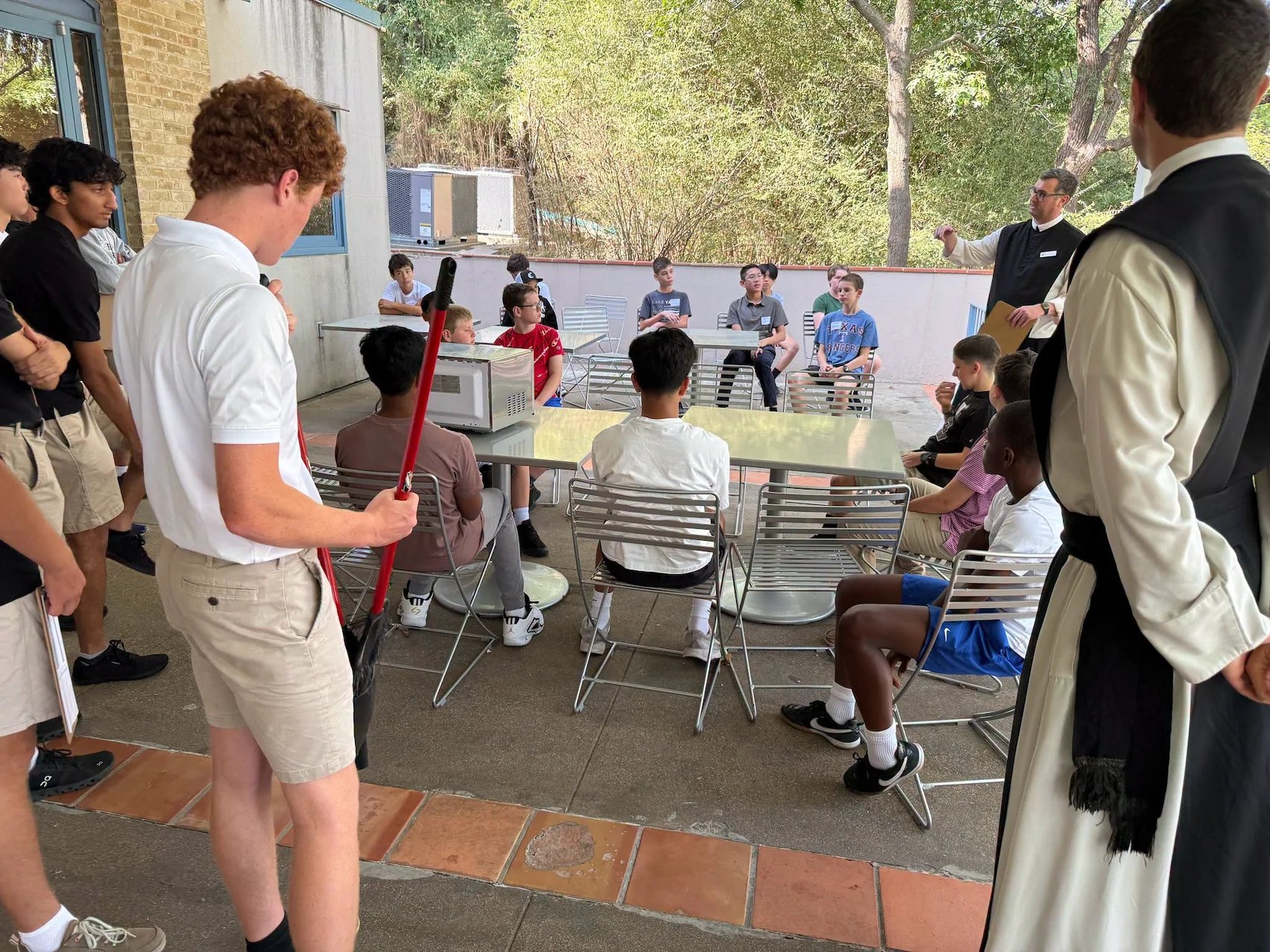 New students on the patio